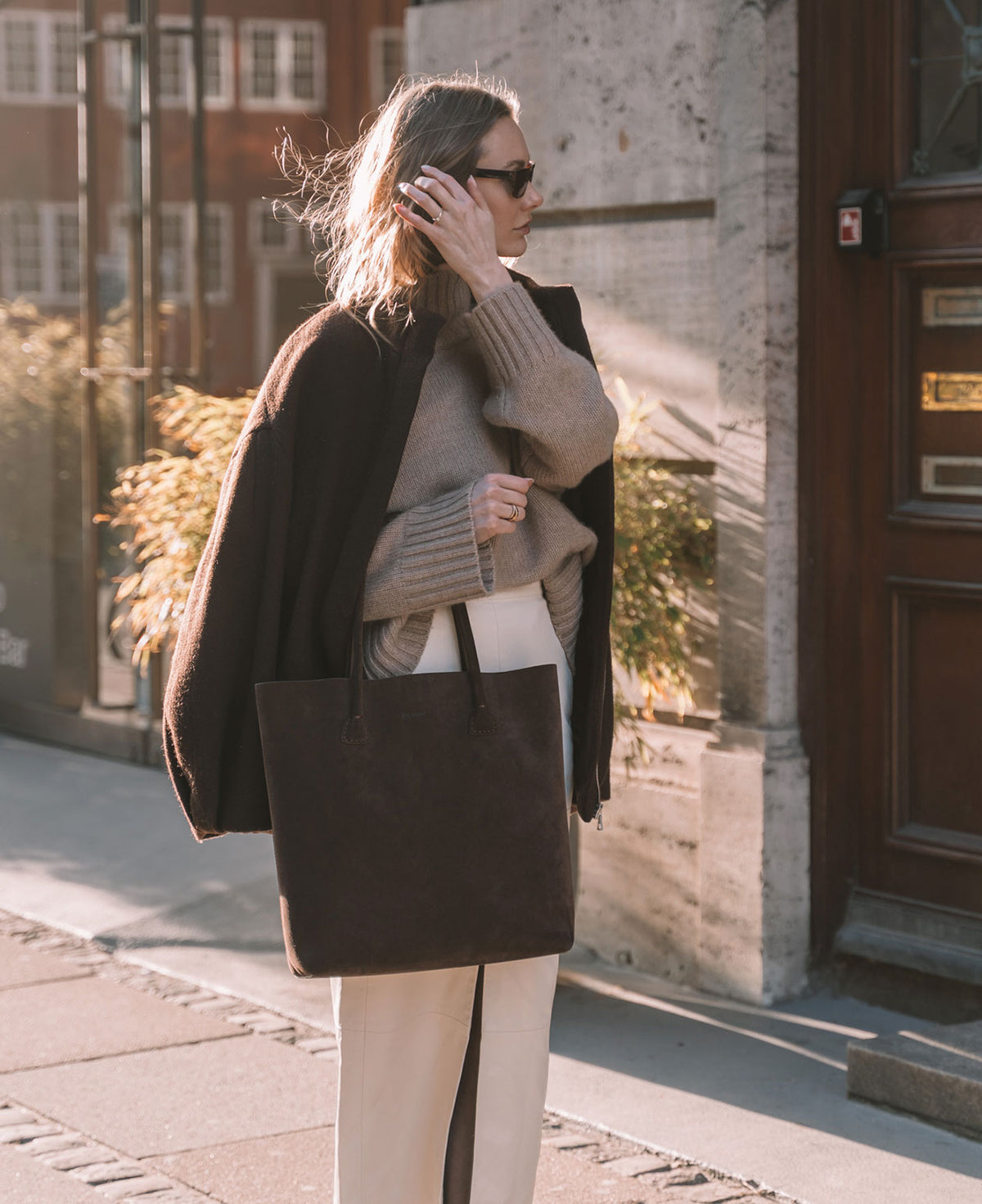 ELSA plain tote - Suede Dark Brown